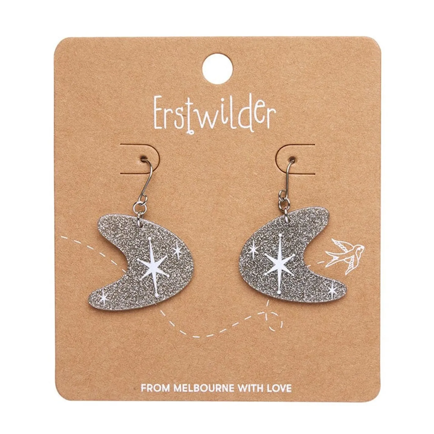 Erstwilder Atomic Boomerang Glitter Drop Earrings - Silver^ Essential Earrings