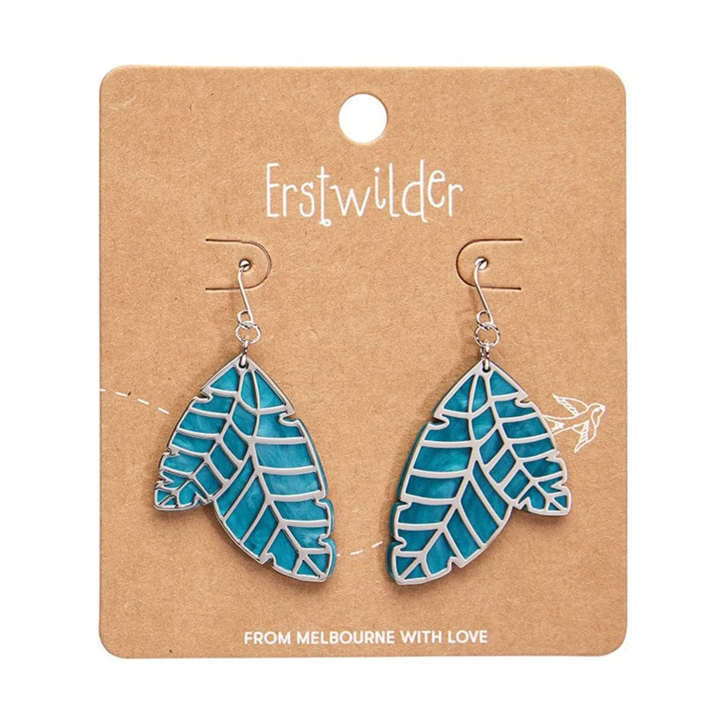 Erstwilder Leaf Textured Emerald Resin Drop Earrings - Silver^ Essential Earrings